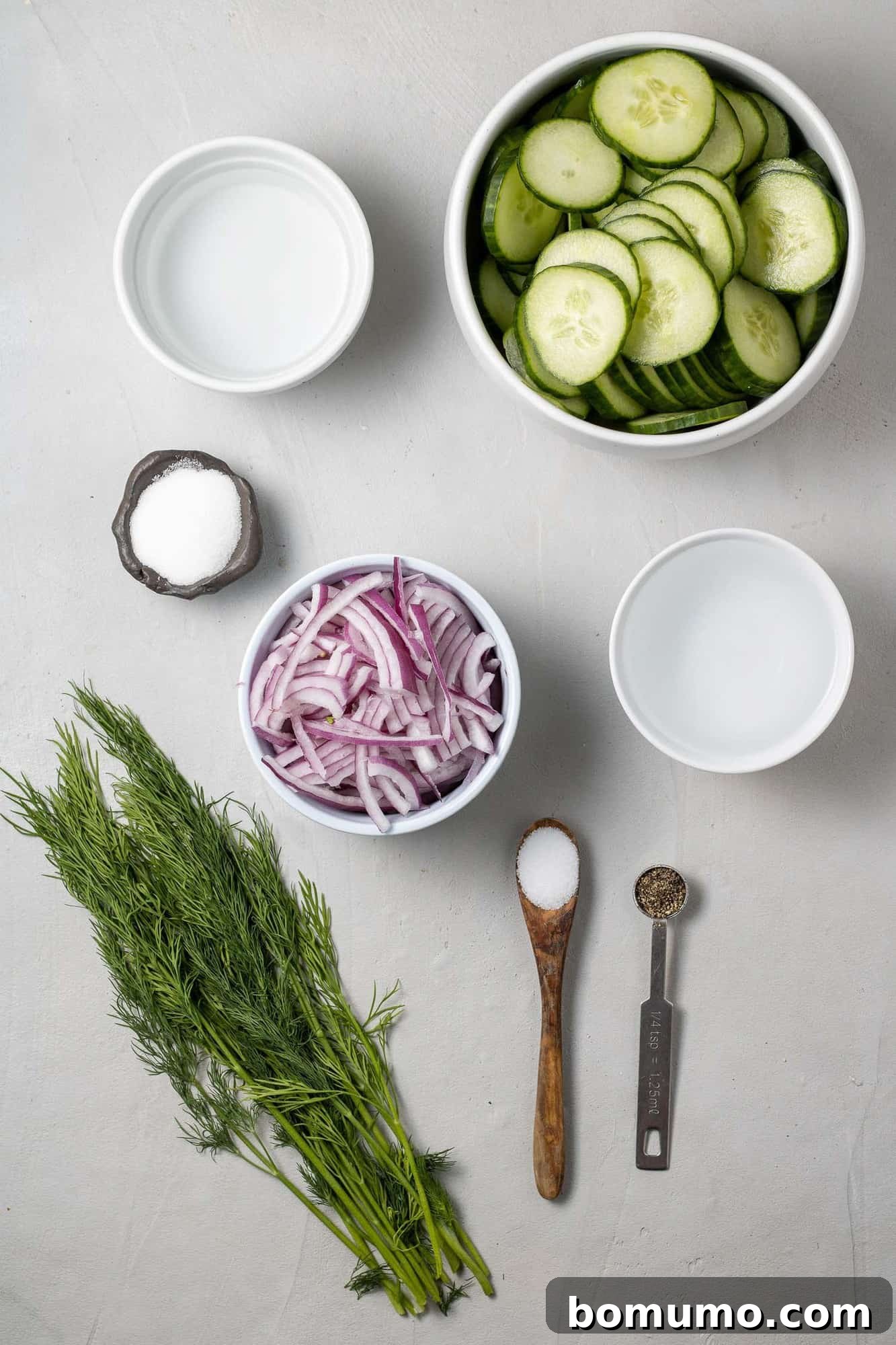 Overhead view of ingredients needed for recipe: cucumber, dill, onion, vinegar, salt, pepper, sugar.