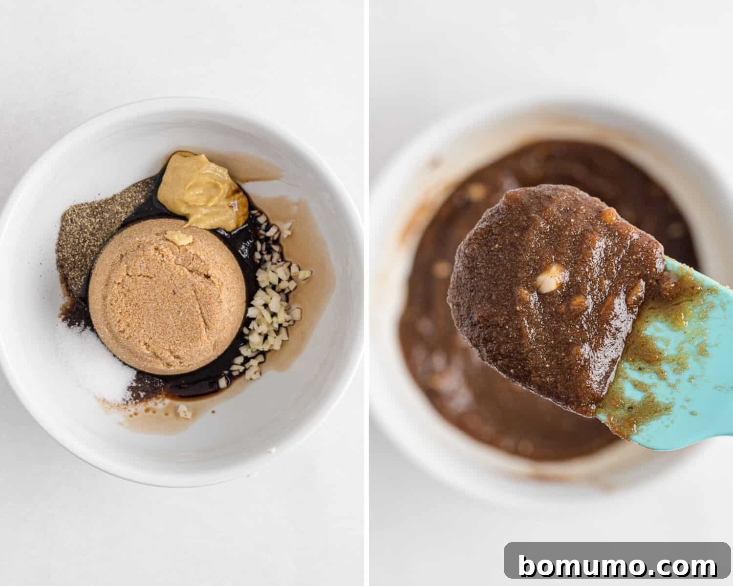 Pork rub ingredients before and after mixing in a small bowl.