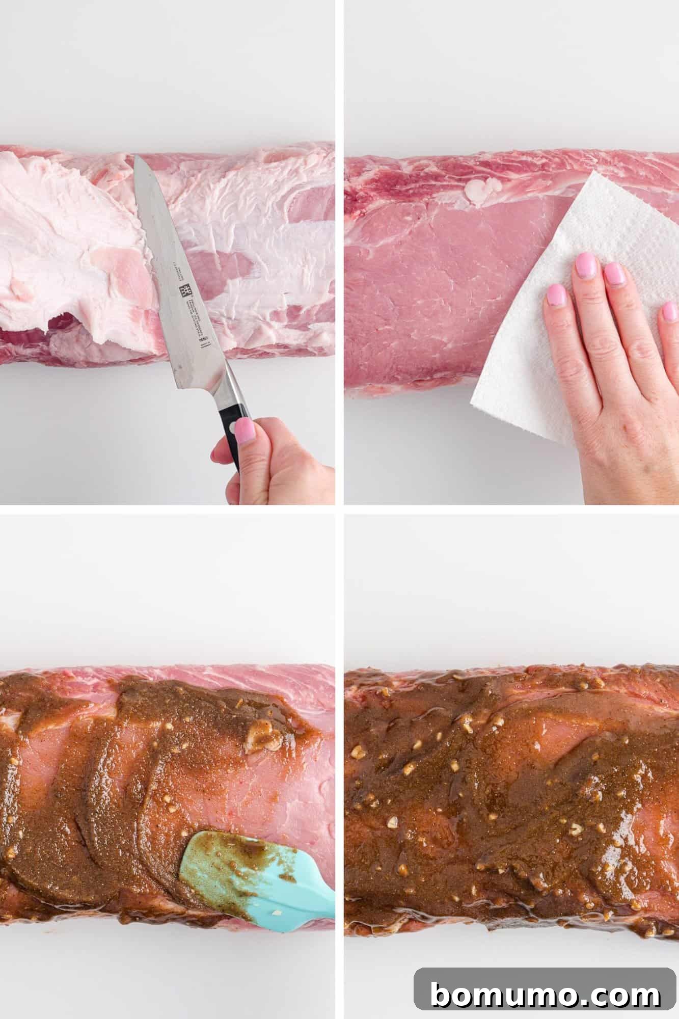 Pork loin being prepped with rub before slow cooking.