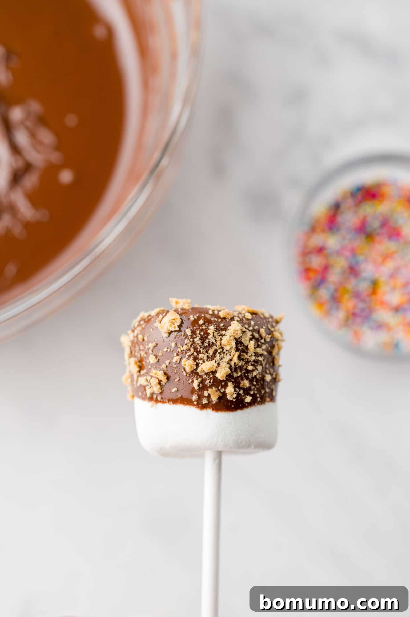 Velvet Dipped Mallows 12 A chocolate covered marshmallow being decorated with graham cracker crumbs.