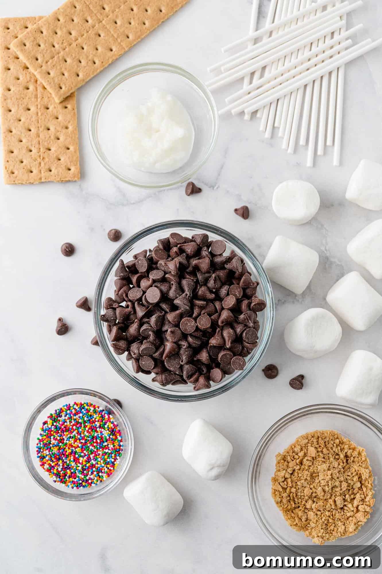 Velvet Dipped Mallows 3 Overhead view of all ingredients required for making chocolate covered marshmallows, including marshmallows, chocolate chips, and various sprinkles.