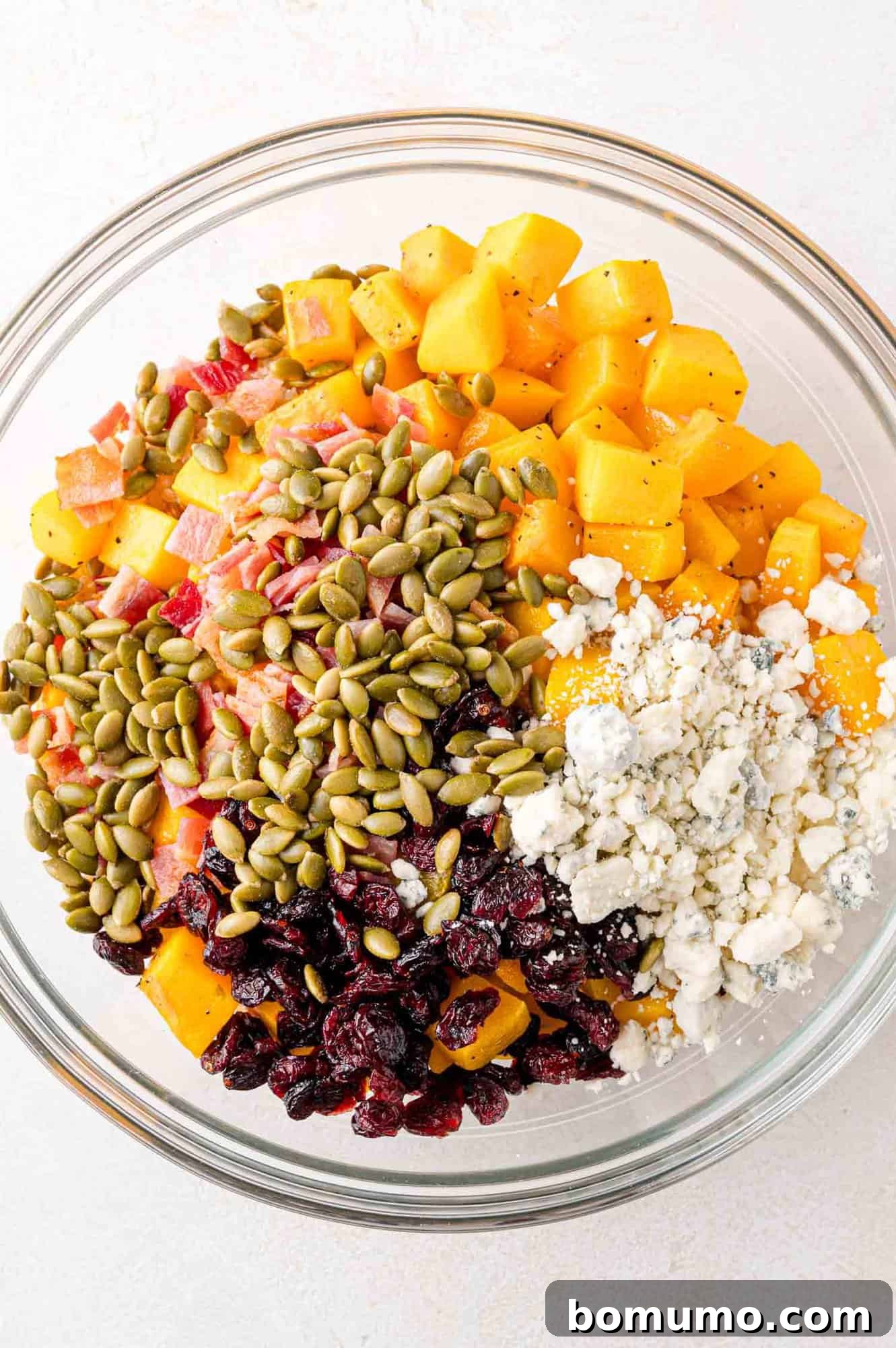 A large mixing bowl containing a colorful array of prepared salad ingredients: tender diced butternut squash, crunchy pepitas, sweet dried cranberries, and creamy crumbled cheese, all awaiting the quinoa and dressing.
