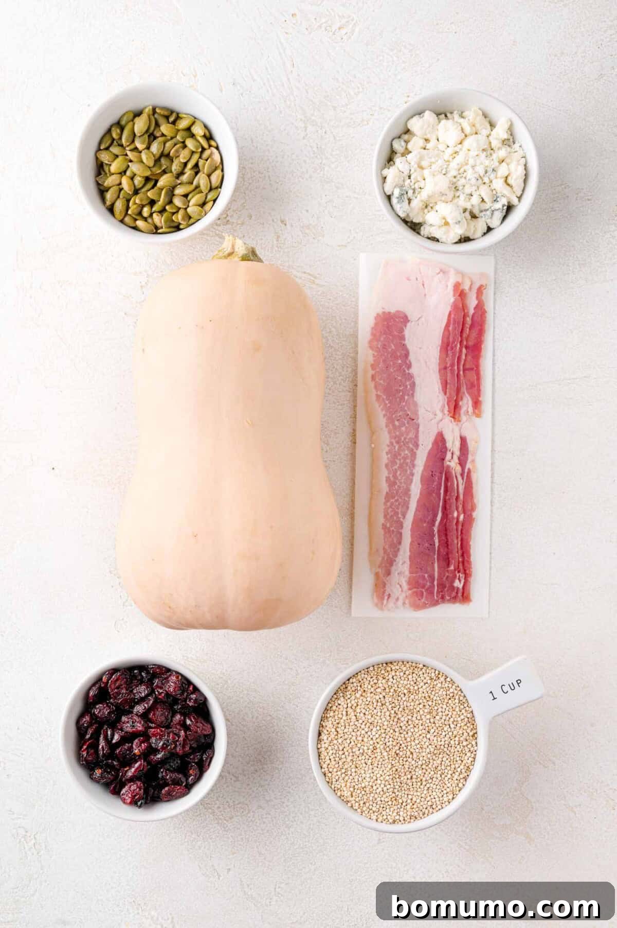 Essential ingredients for the fall quinoa salad laid out on a clean surface: a whole butternut squash, strips of fresh bacon, separate bowls of crunchy pumpkin seeds, creamy feta cheese, sweet dried cranberries, and a measured cup of uncooked quinoa, ready for preparation.