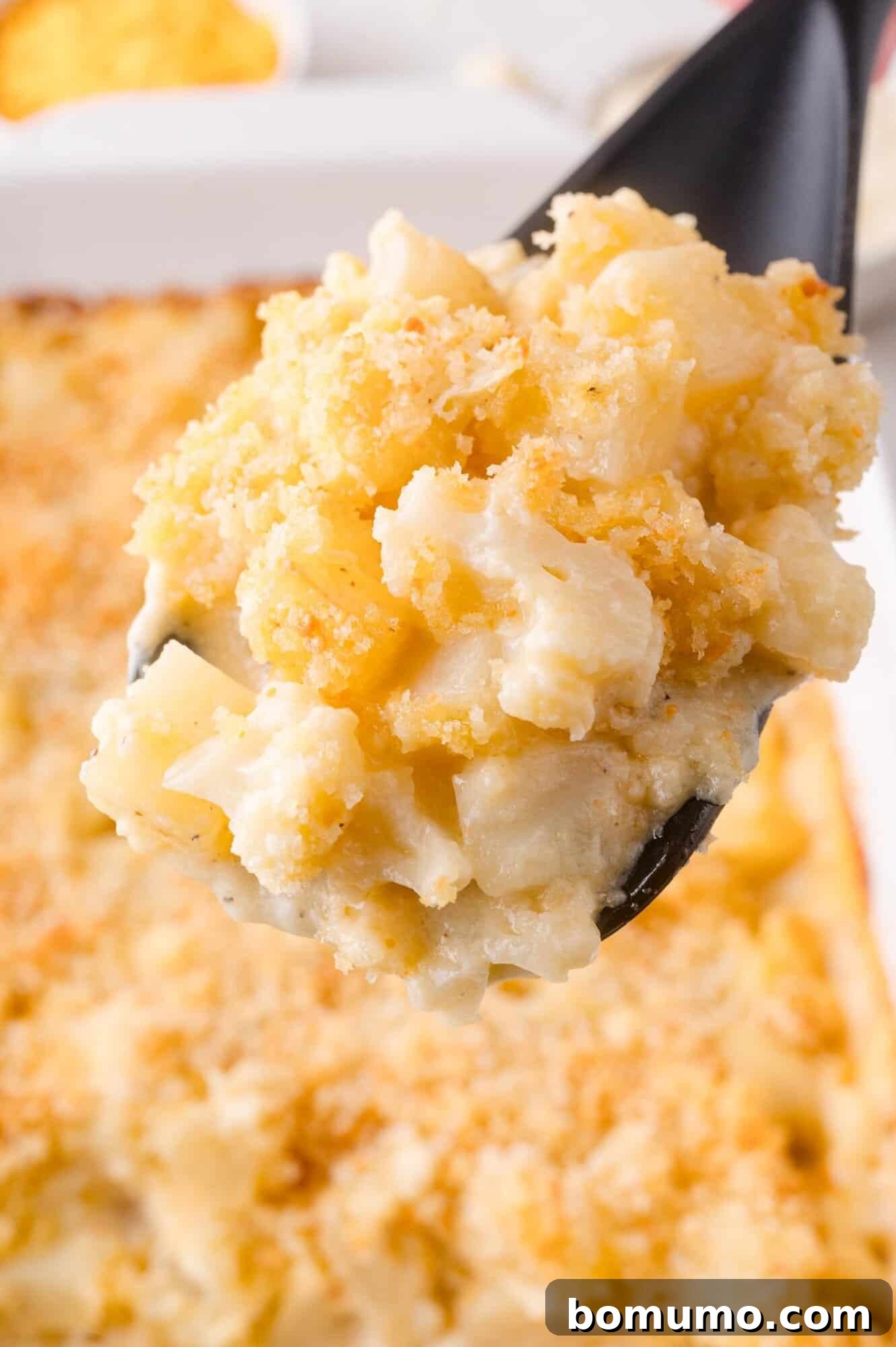 A close-up of a spoonful of cauliflower and potato casserole with a golden breadcrumb topping, showcasing its rich texture and cheesy goodness.