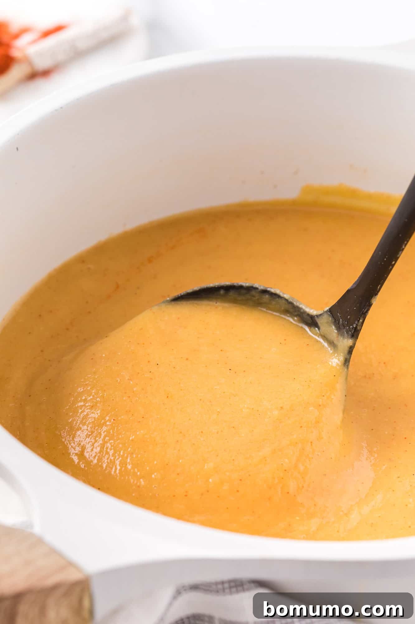 A ladle filled with creamy butternut squash soup, showcasing its smooth texture and rich color.