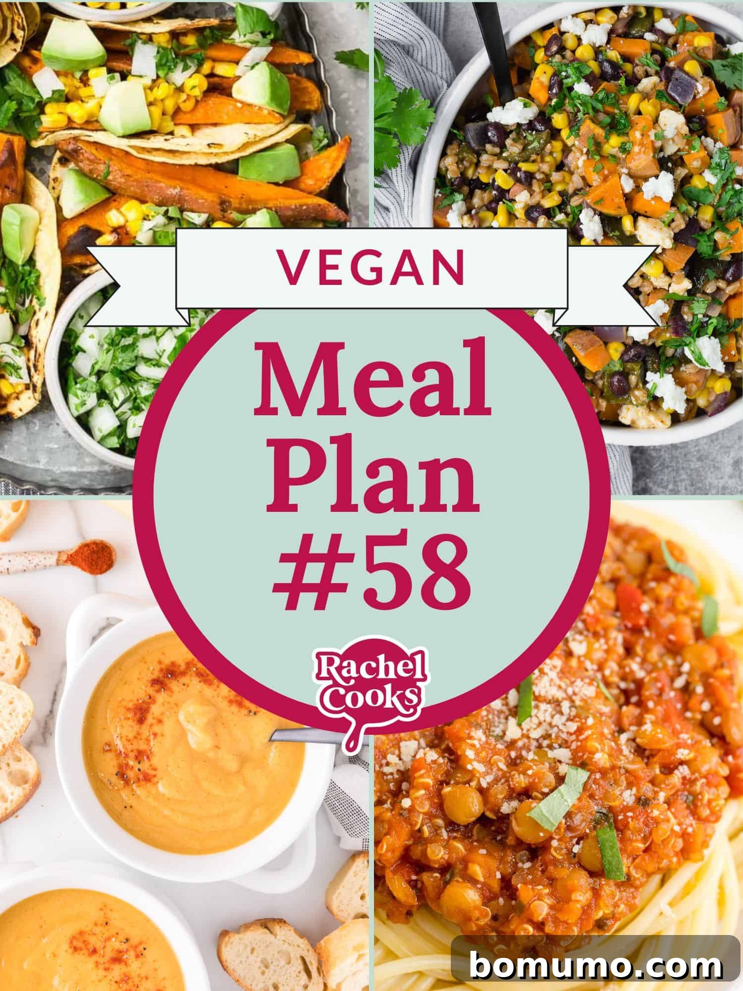 Vegan meal plan preview image with text and photos of recipes.