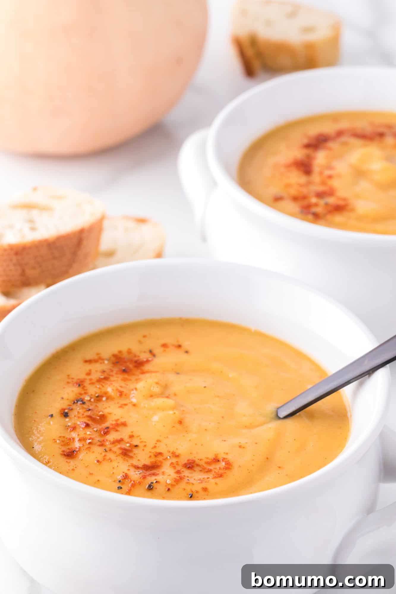 A beautifully presented bowl of creamy butternut squash soup with a spoon, garnished with a sprinkle of paprika.