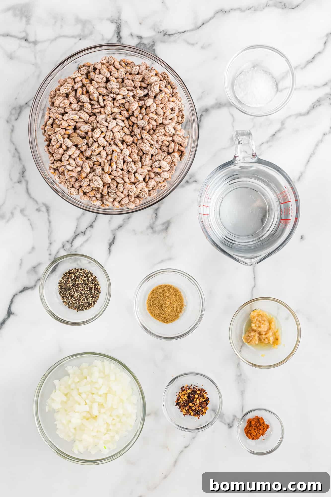 An overhead shot showcasing all the fresh ingredients—pinto beans, onion, garlic, and spices—arranged in separate bowls, ready for cooking.