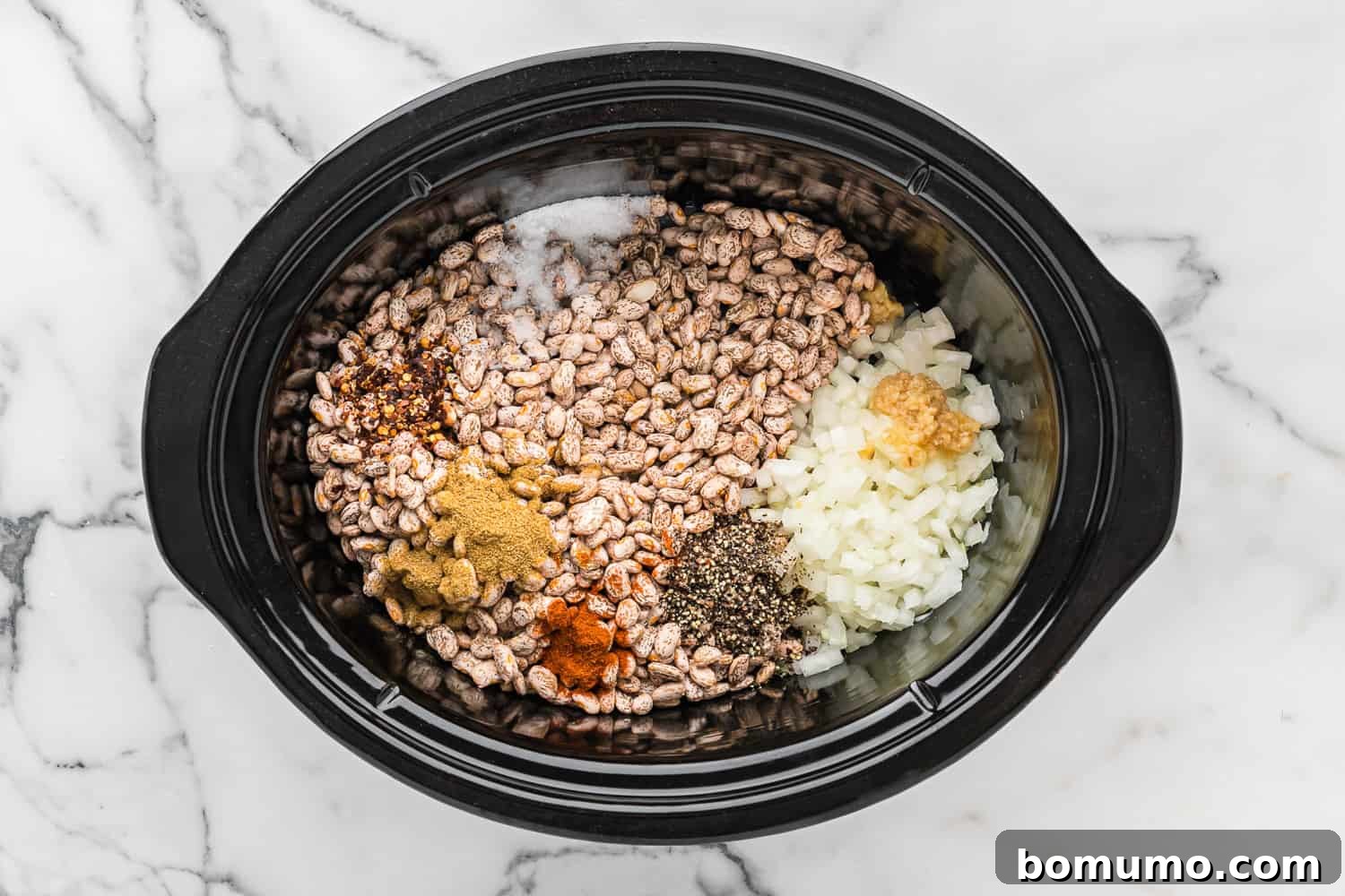 All the ingredients for refried beans—pinto beans, chopped onion, minced garlic, and spices—neatly arranged in a black slow cooker, ready for cooking.