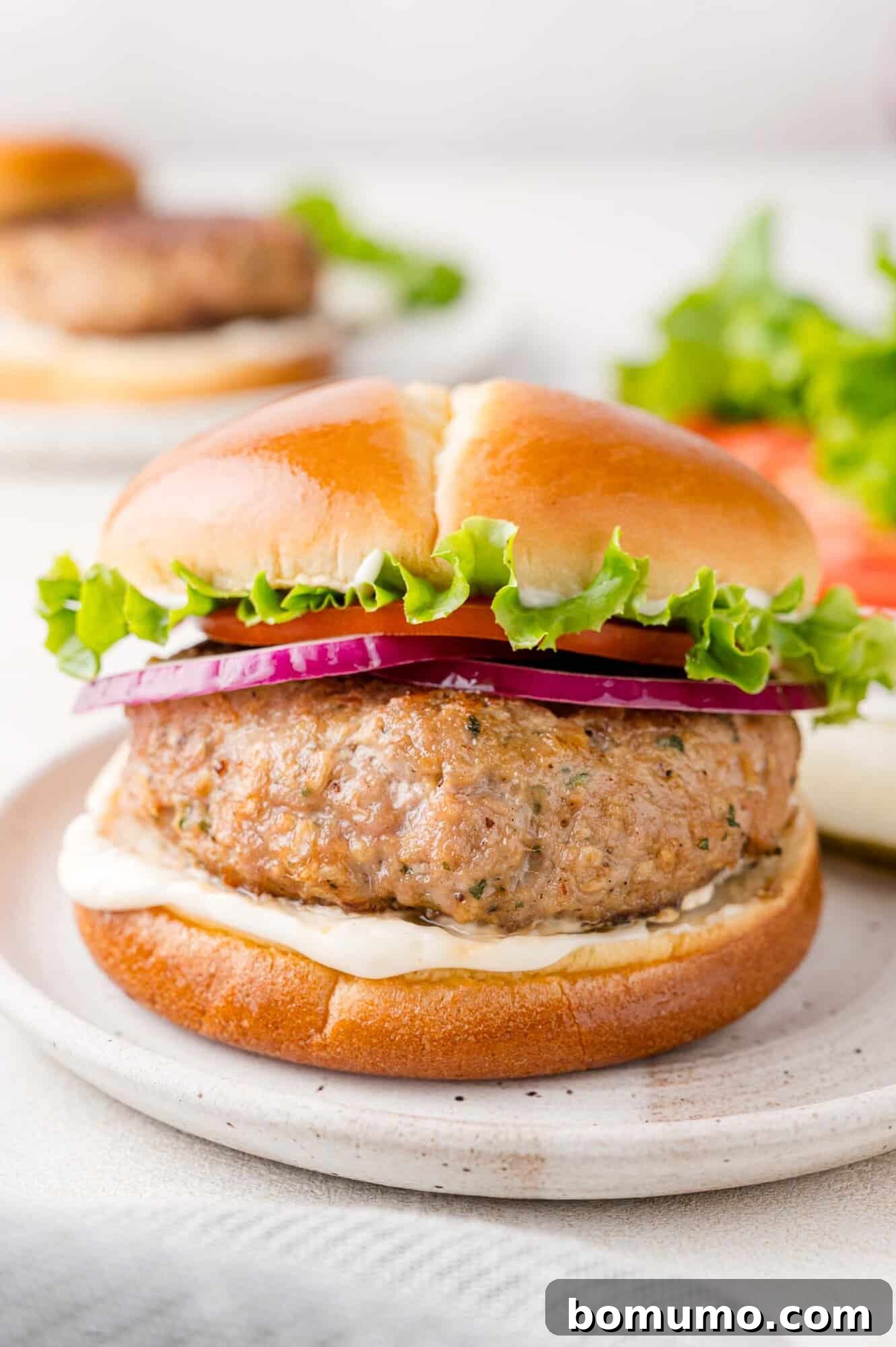 A perfectly cooked turkey burger on a toasted bun, garnished with crisp lettuce, vibrant red onion, and creamy mayonnaise, served on a plate.