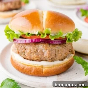 A turkey burger with lettuce, tomato, and red onion on a bun, served on a white plate.
