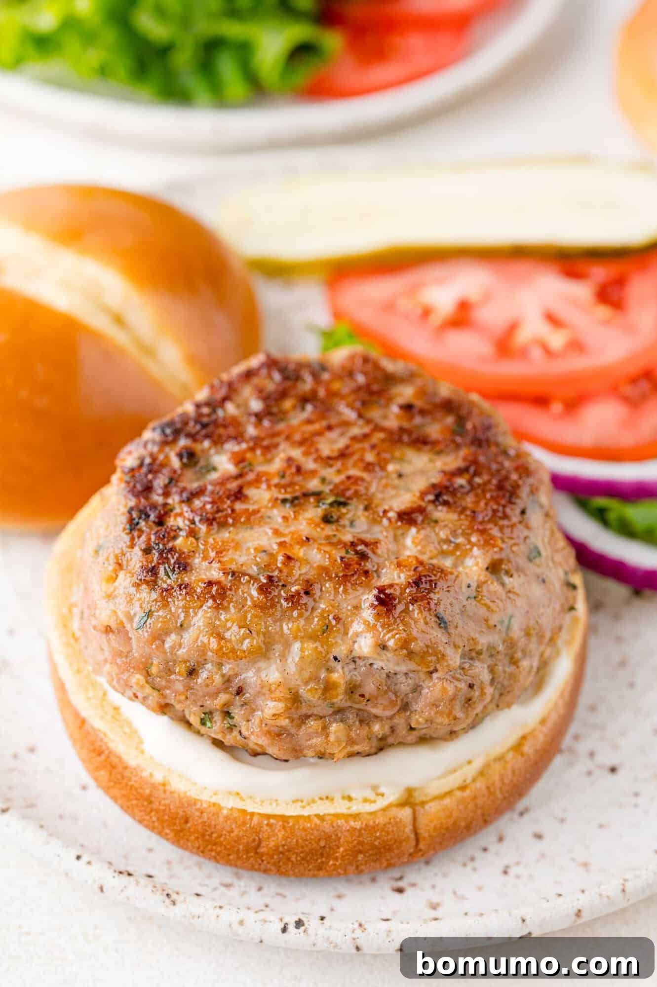 A single, delectable cooked turkey burger patty presented on a soft bun with a spread of creamy mayonnaise, accompanied by fresh slices of tomato, onion, and crisp lettuce blurred in the background, ready to be enjoyed.