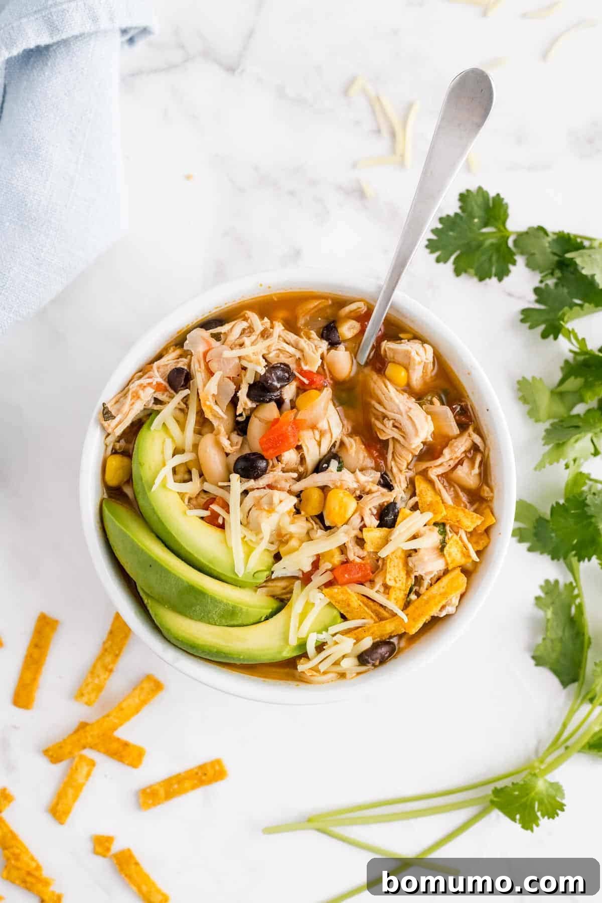 Overhead view of a bowl of chili made with chicken, with a spoon and garnishes.