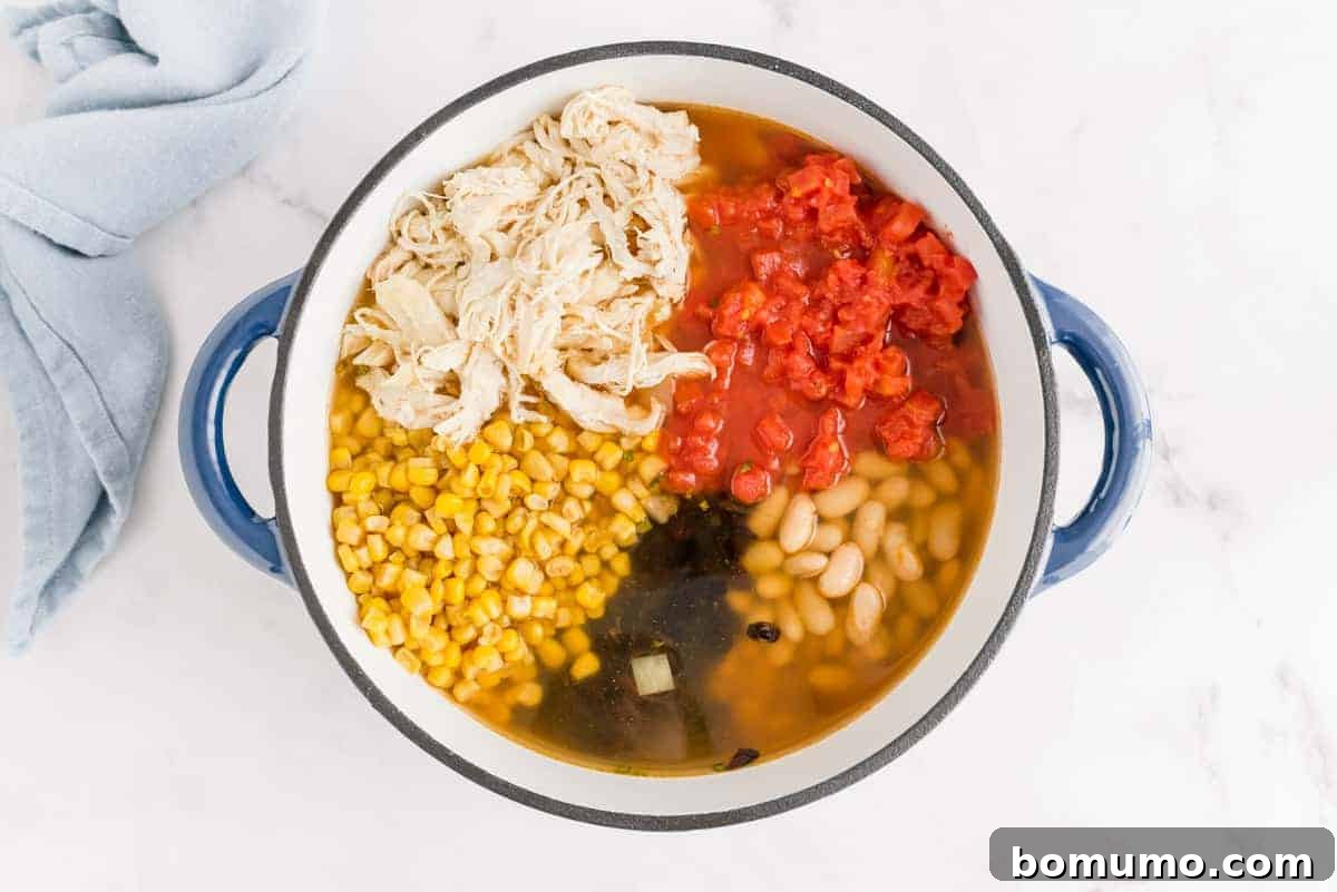 Overhead view of white chili not yet mixed together in a large blue and white pot.