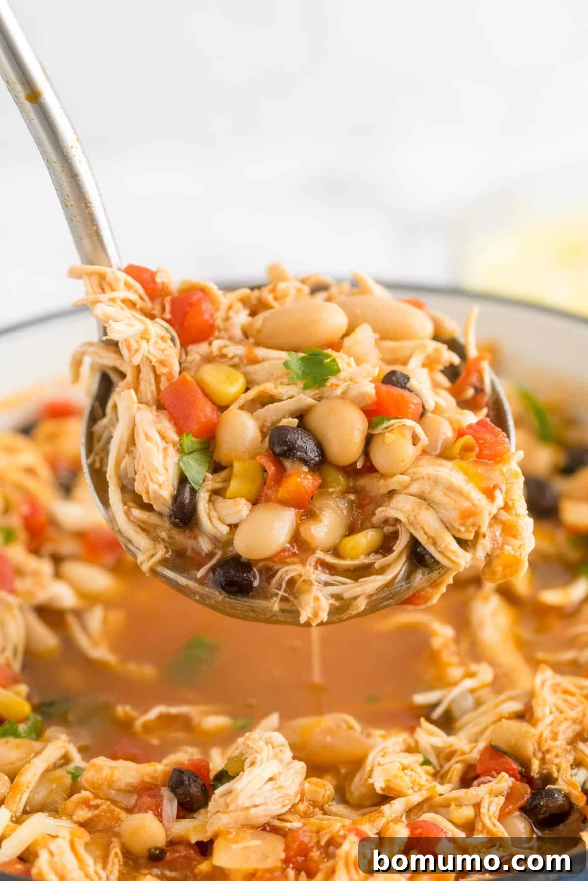 White chicken chili being ladled out of a pot.