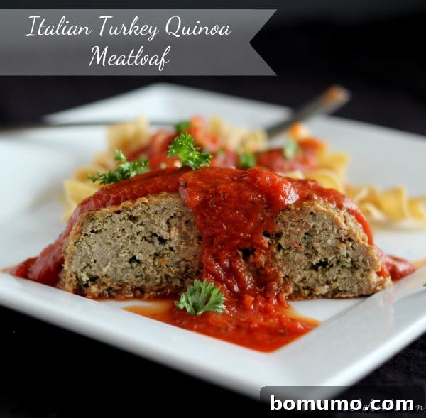 A generous serving of Heart-Healthy Italian Turkey Quinoa Meatloaf with vibrant marinara sauce, whole grain noodles, and fresh parsley sprigs on a square white plate. The image highlights the delicious and wholesome nature of this family-friendly meal. Text overlay reads "Italian Turkey Quinoa Meatloaf."