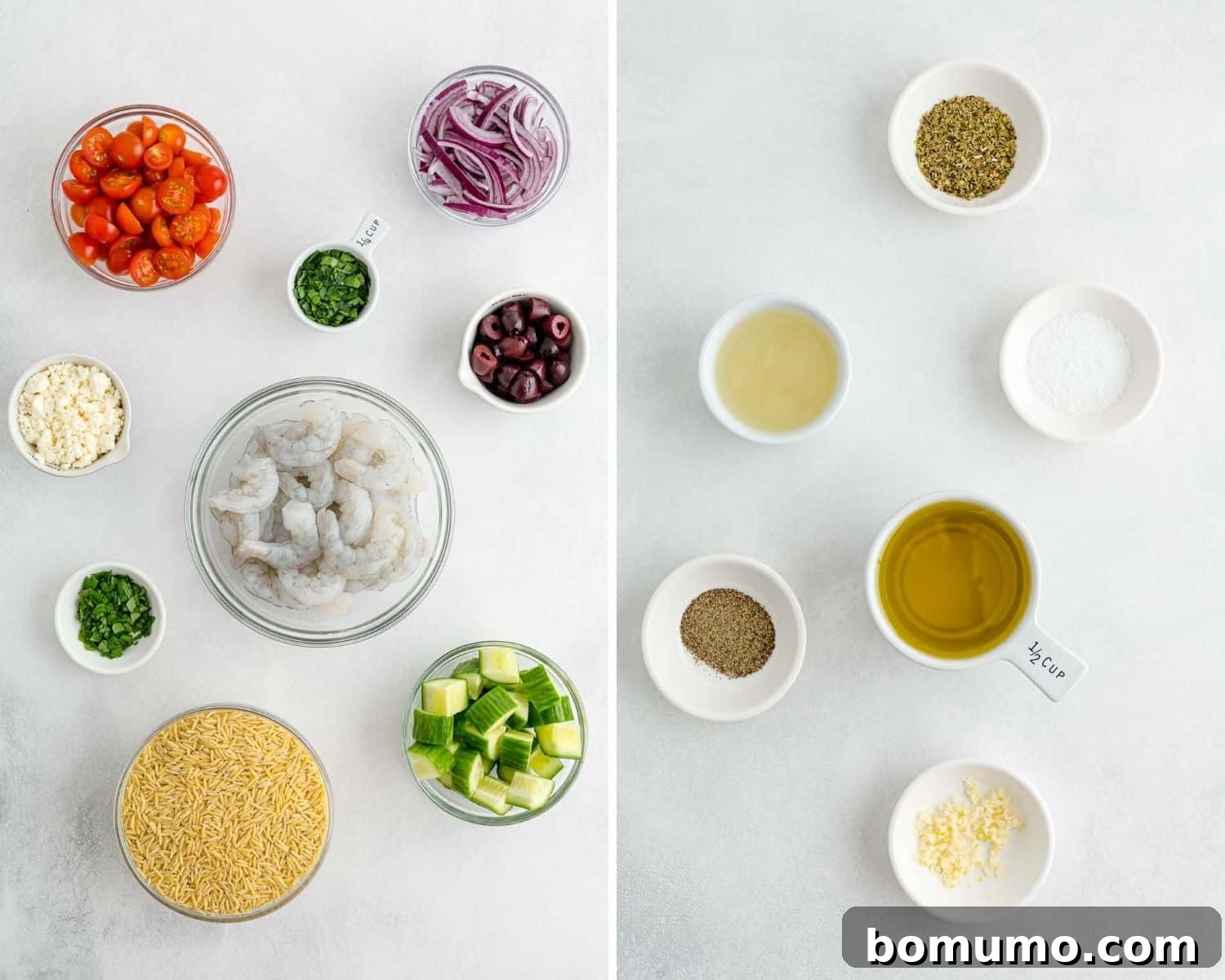 A beautiful flat lay photograph showcasing all the fresh and vibrant ingredients required for making the Greek orzo salad, including colorful vegetables, herbs, and shrimp.