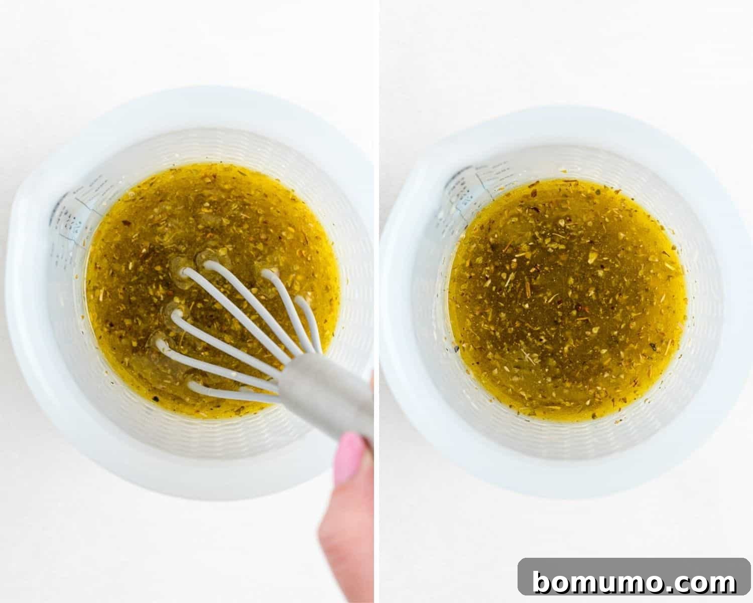 Two images side by side. One shows vinaigrette ingredients before whisking, the other shows them perfectly combined after whisking.