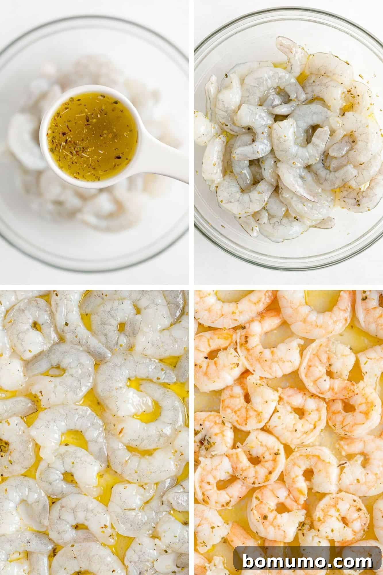 Four sequential images demonstrating the process of marinating and cooking shrimp for the Greek orzo salad, from raw to perfectly cooked.