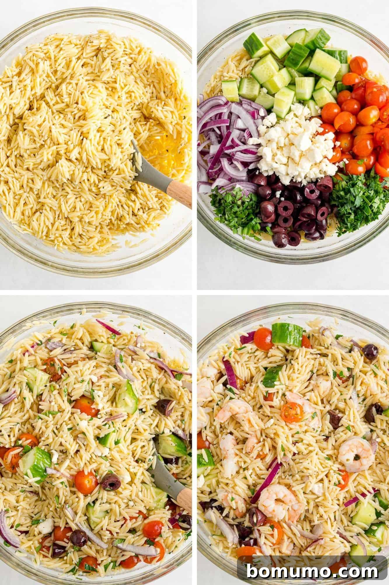 A collage of four process images demonstrating the final steps of assembling the Greek orzo salad, from combining ingredients to the finished dish.