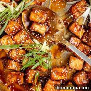 Tofu with a glaze and sesame, some in a spoon.