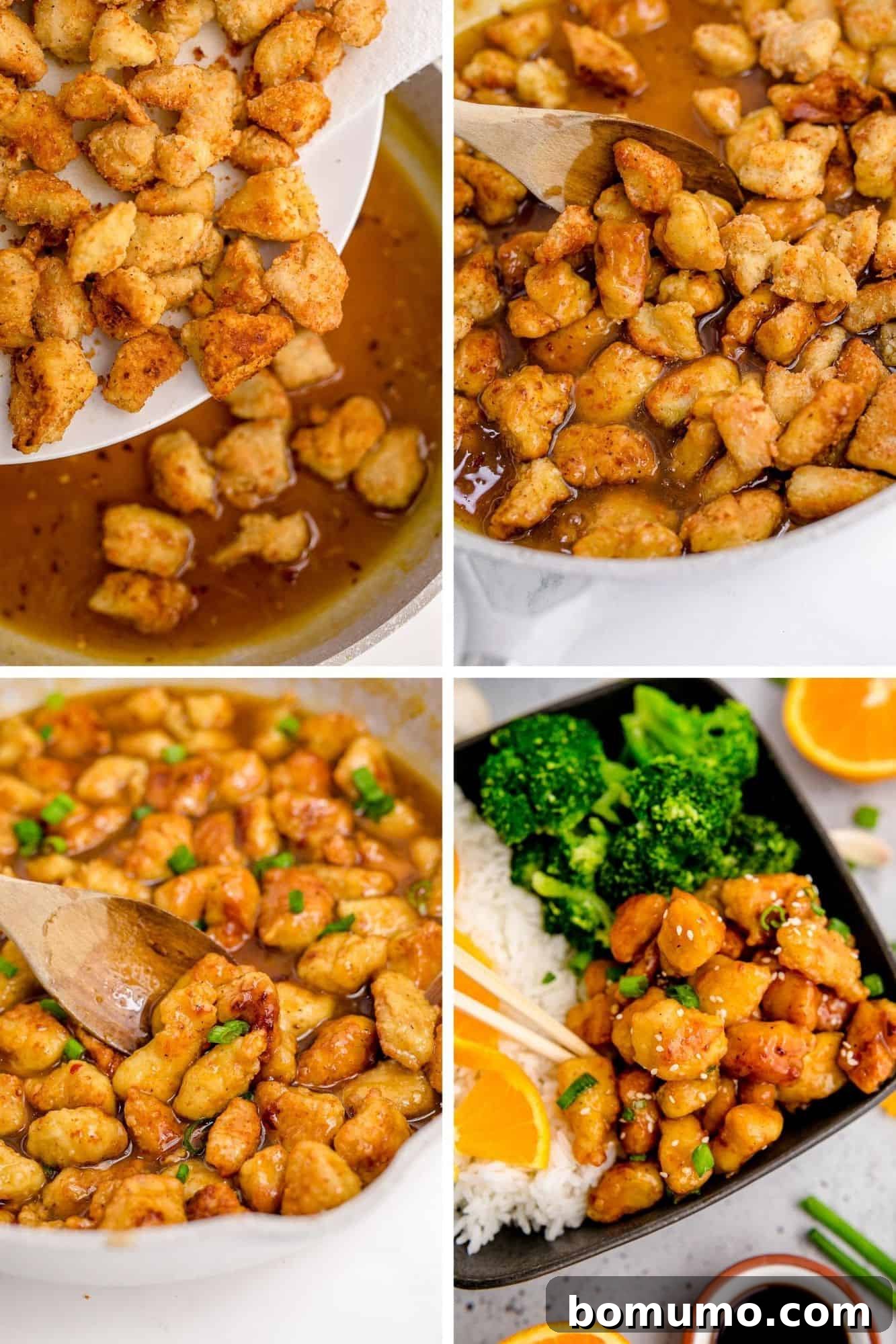 Four images depicting chicken being added back to orange sauce and served with rice and vegetables.