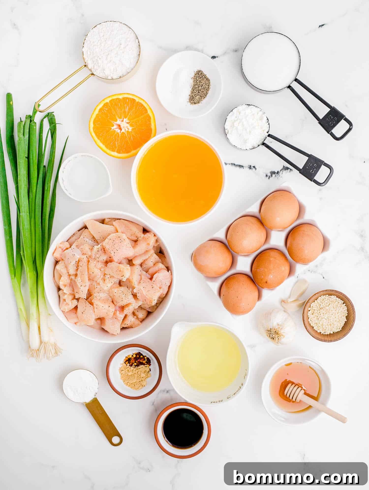 Overhead view of ingredients needed for orange chicken recipe including chicken, eggs, orange juice, and green onion.