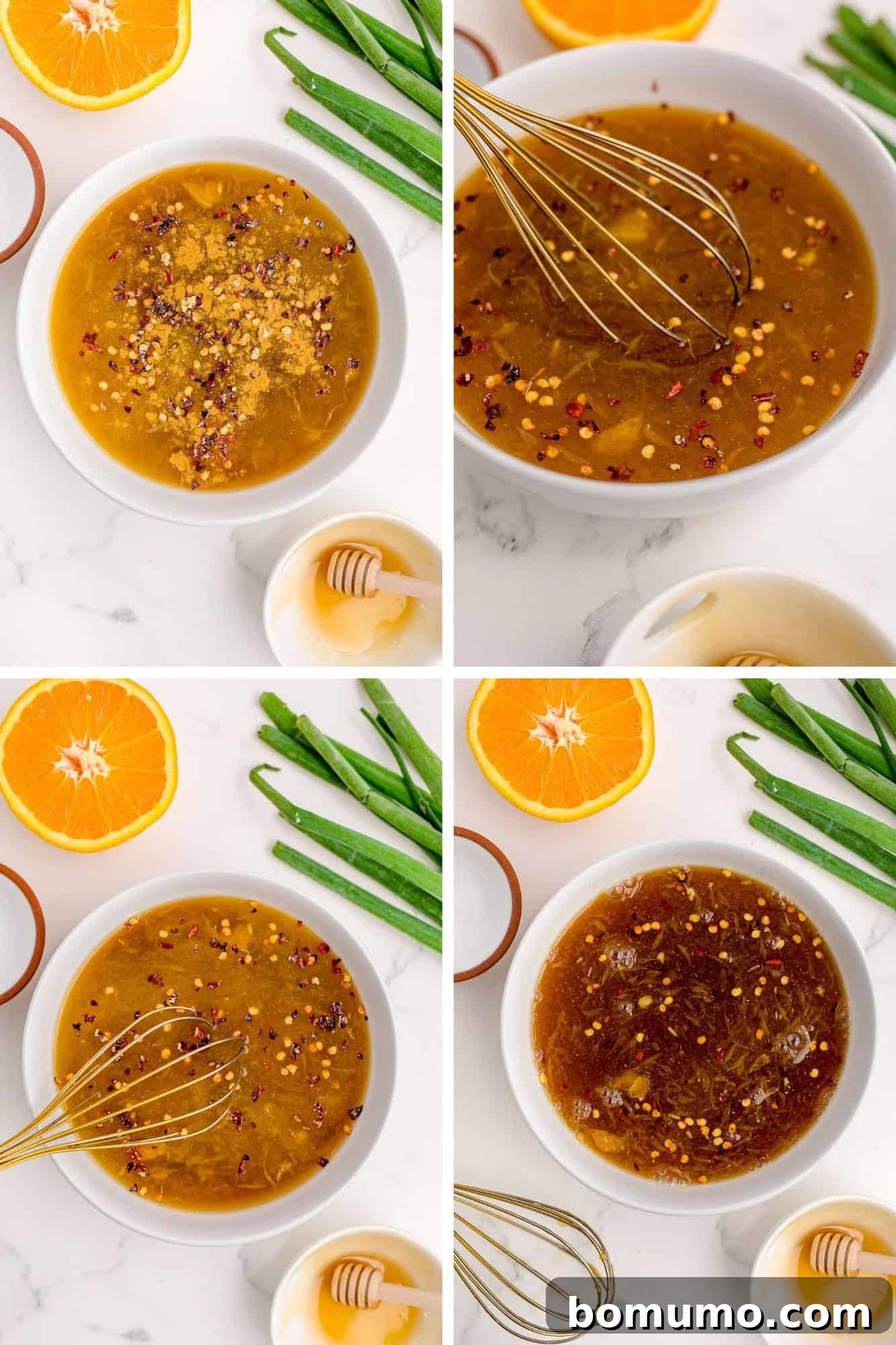 Process shots of sauce for orange chicken being made, showing ingredients being mixed.