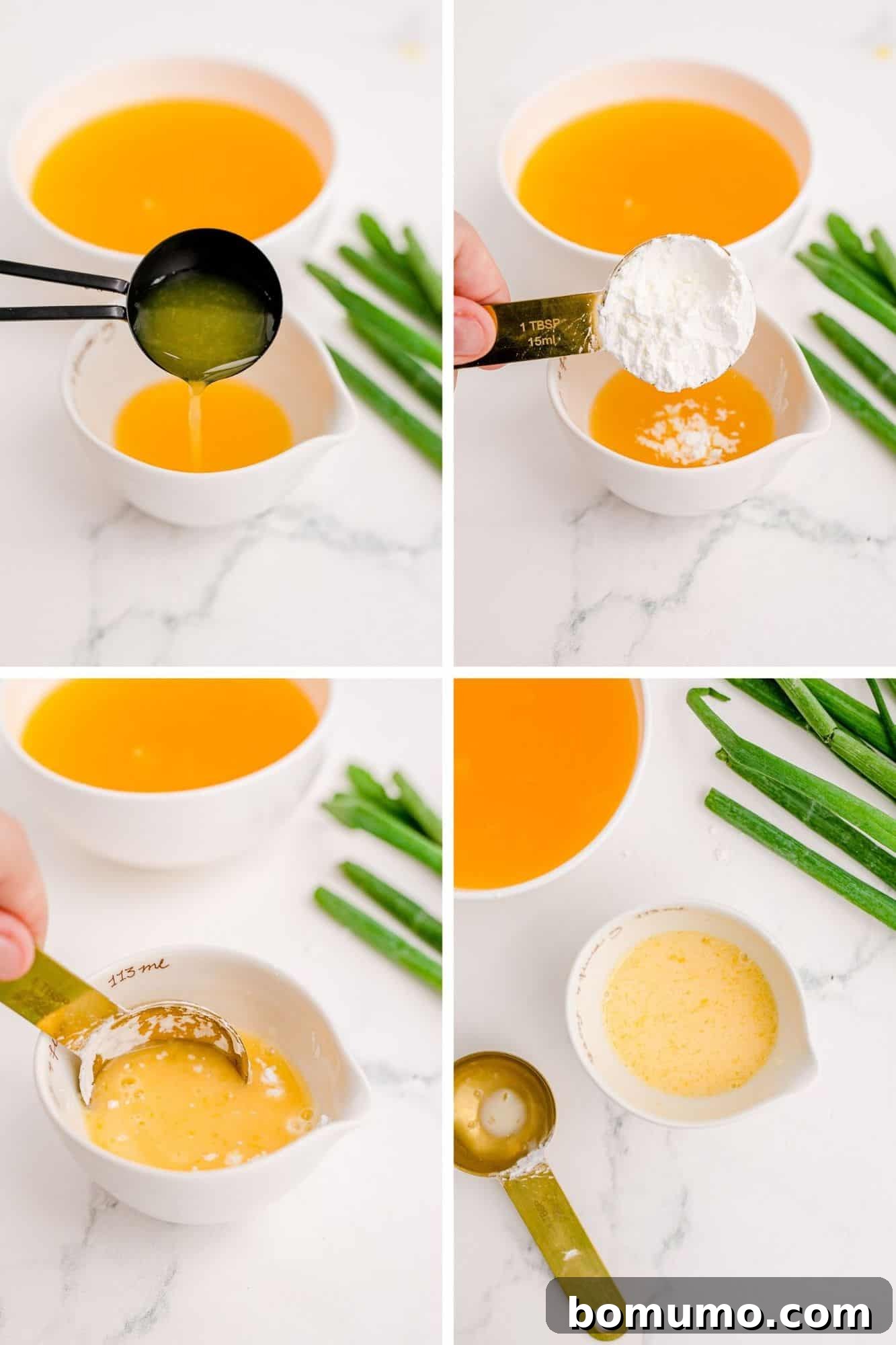Cornstarch being mixed with orange juice, showing four stages of combination.