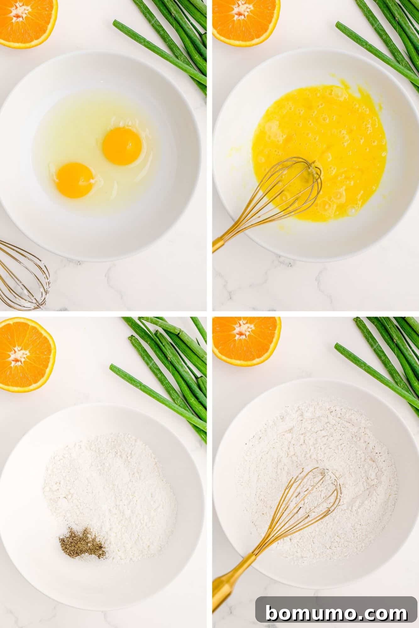 Eggs being beaten and cornstarch being mixed with spices, showcasing the breading preparation.