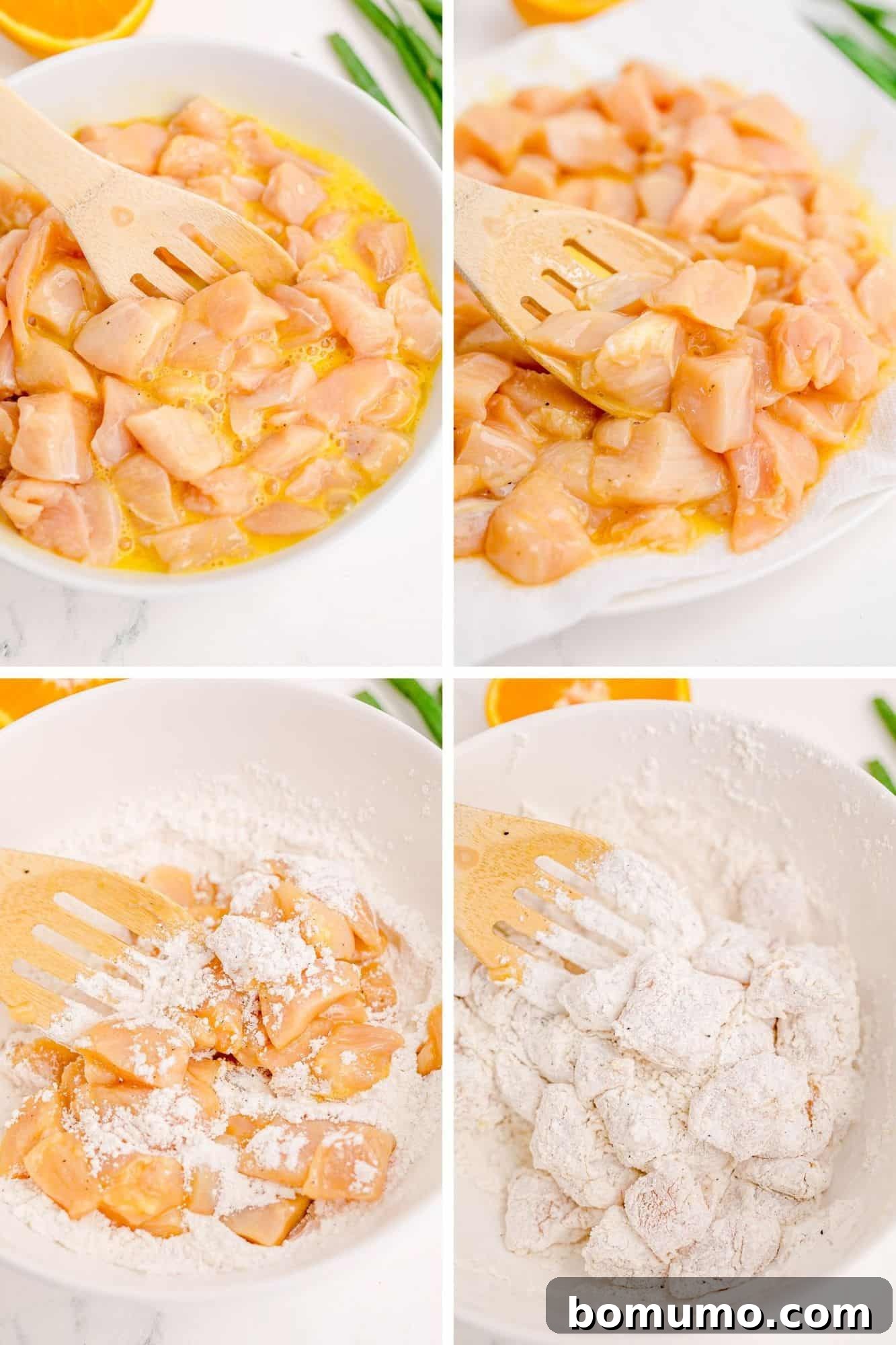 Steps showing how to bread the chicken from wet to dry coating.