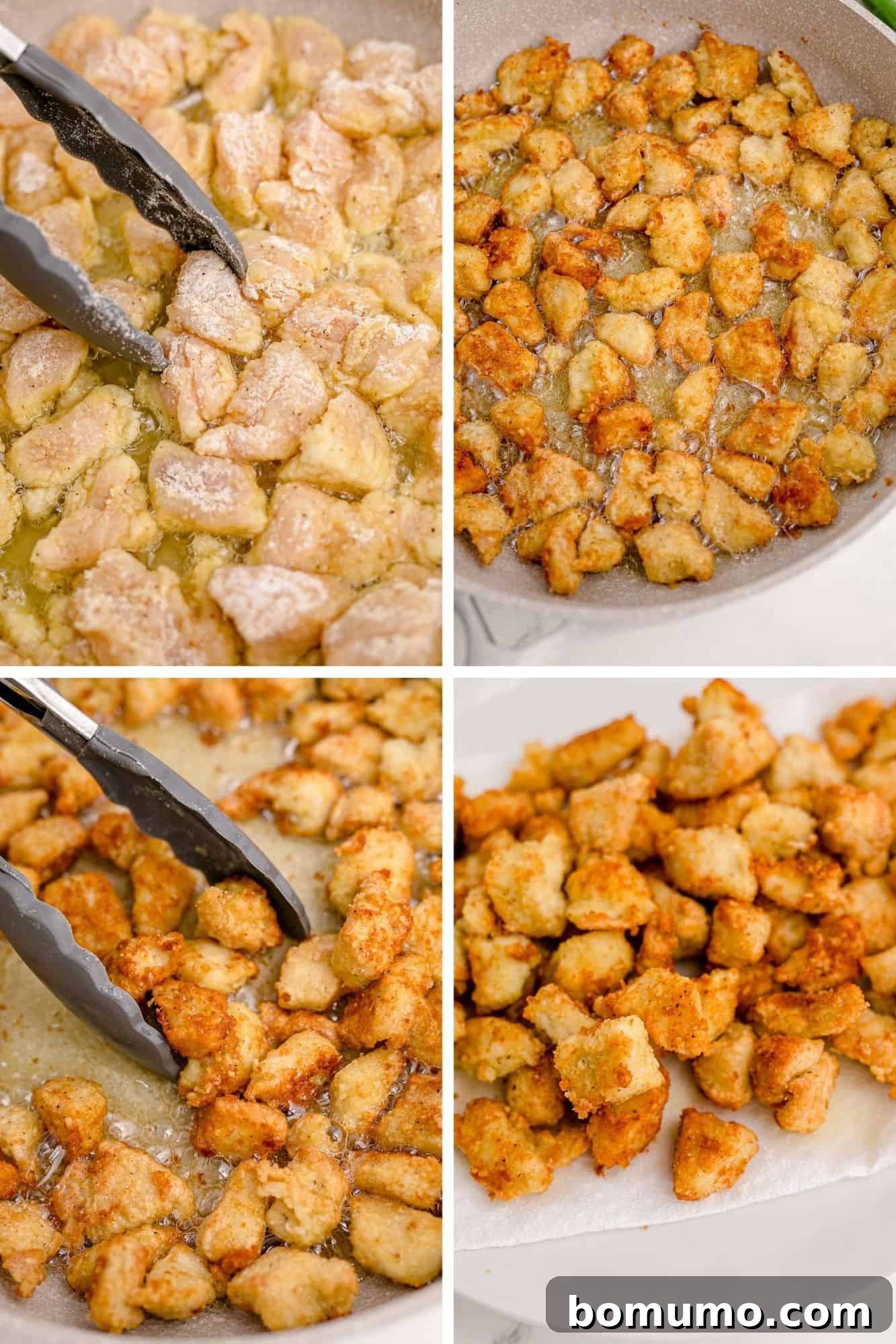 Chicken cooking in oil, showing stages of frying from raw to golden brown.