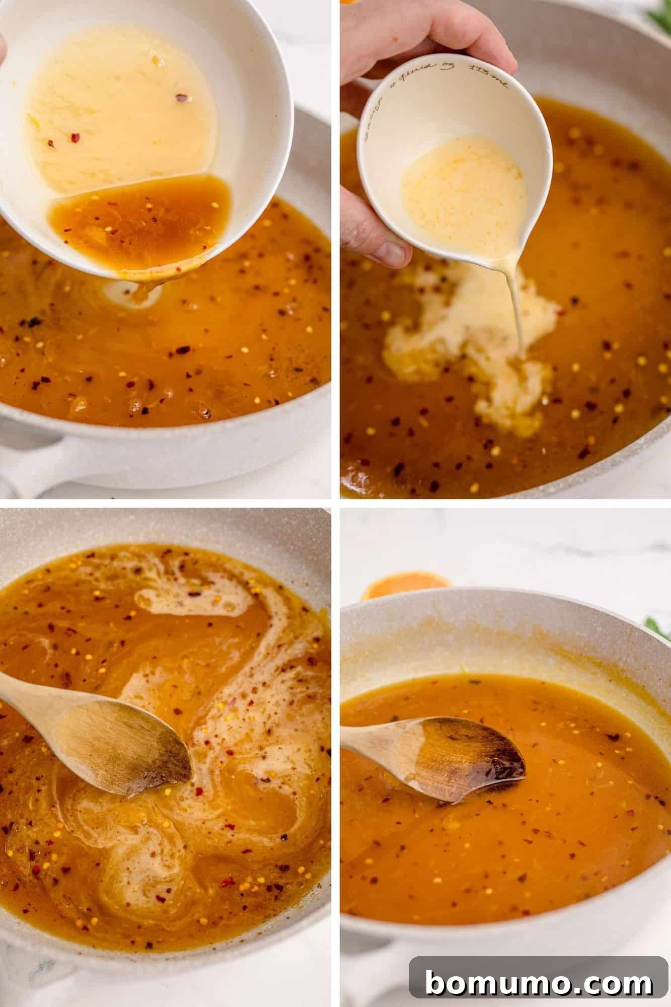 Sauce for orange chicken being made, showing gradual thickening process.