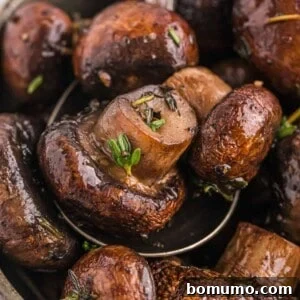 Umami Roasted Mushrooms 10 Close up of a perfectly roasted mushroom with fresh thyme, golden brown and tender, ready to be served.