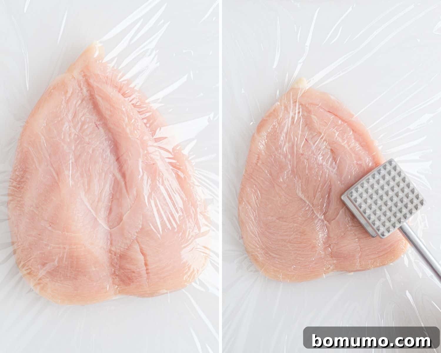 Chicken breast being pounded flat with a meat mallet, covered with plastic wrap.