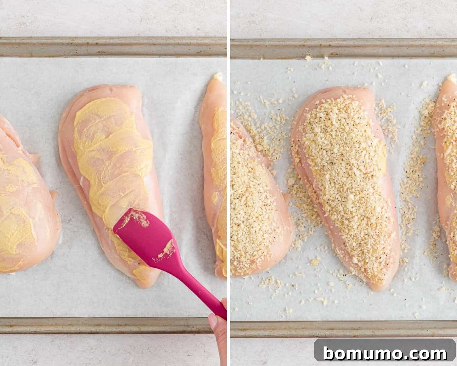 Dijon mustard being spread onto a stuffed chicken breast, followed by a sprinkle of panko bread crumbs.