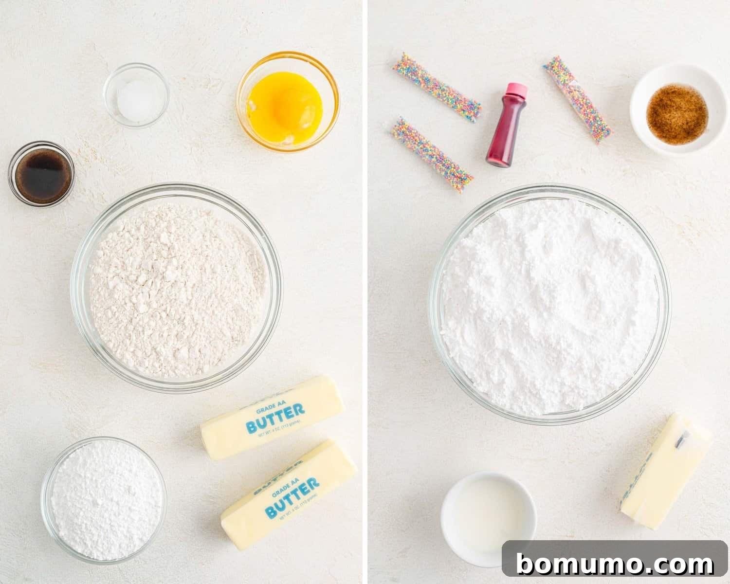 Ingredients needed for cookie bars on the left, and frosting ingredients on the right, arranged neatly.