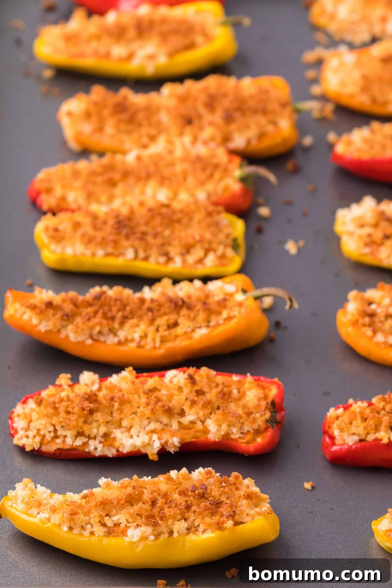 A baking sheet laden with oven-baked Southwestern stuffed mini sweet peppers, displaying their ready-to-serve appeal.