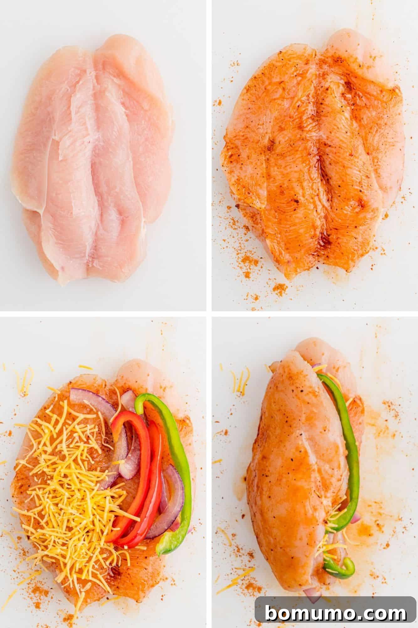 Four illustrative images demonstrating the process of seasoning, stuffing, and folding chicken breasts.