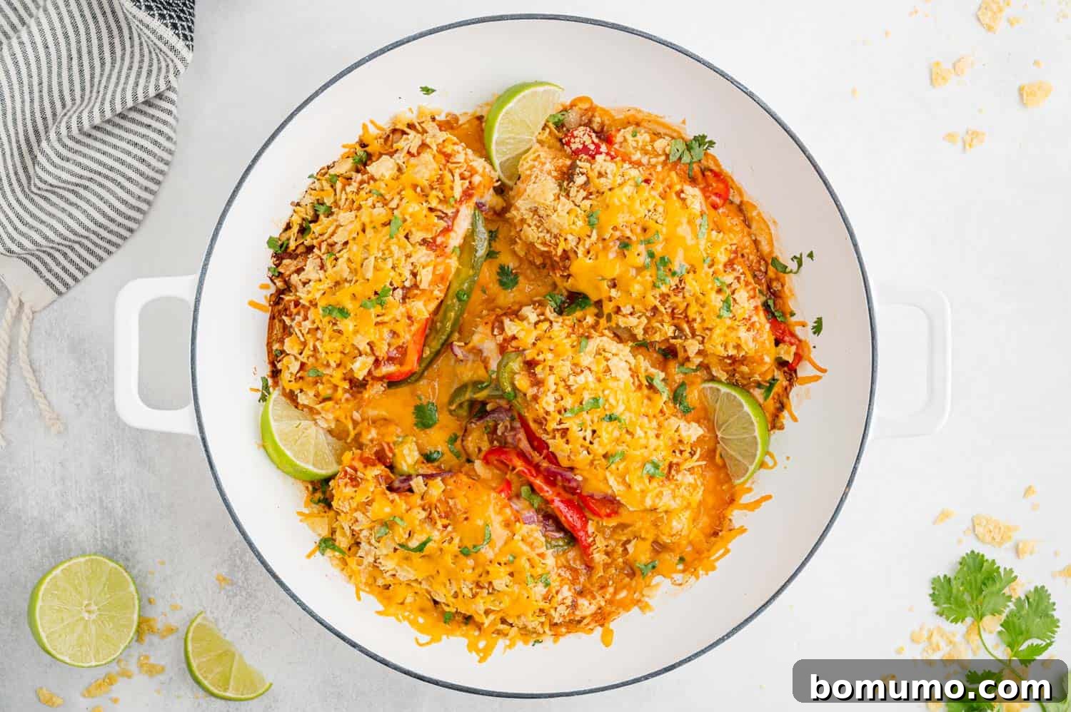 Fully cooked fajita stuffed chicken breasts, golden brown and garnished, ready to be served.