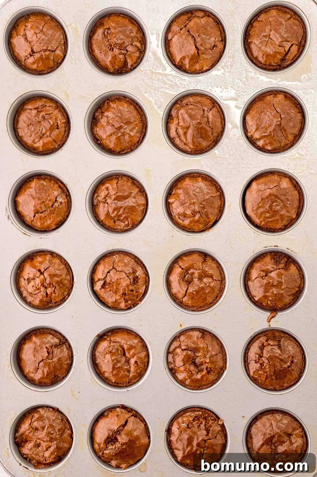 A mini muffin pan filled with freshly baked brownie bases, ready for the next step.