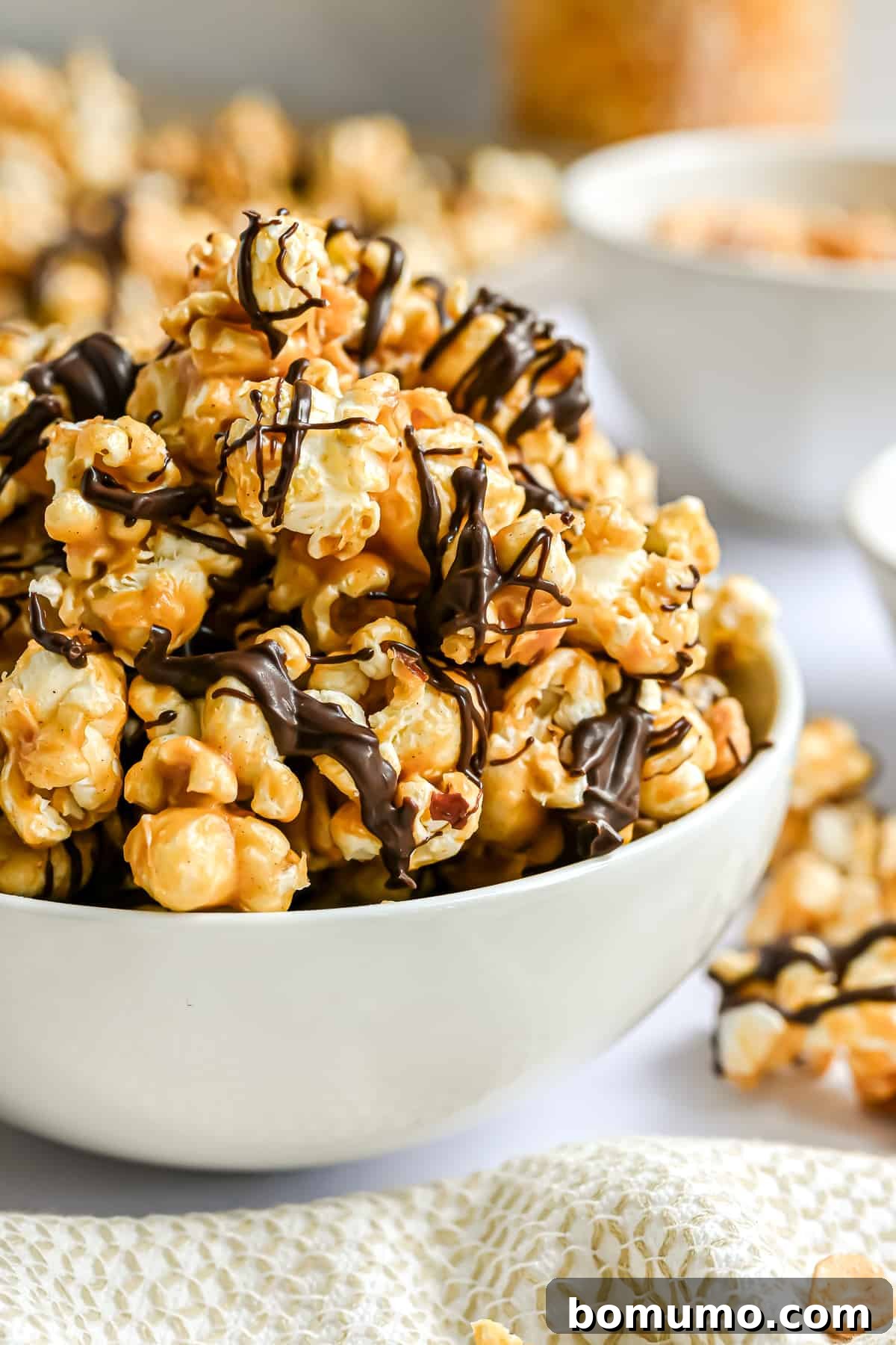 Peanut butter popcorn beautifully drizzled with melted chocolate.