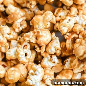 Close up of peanut butter popcorn, filling the frame.