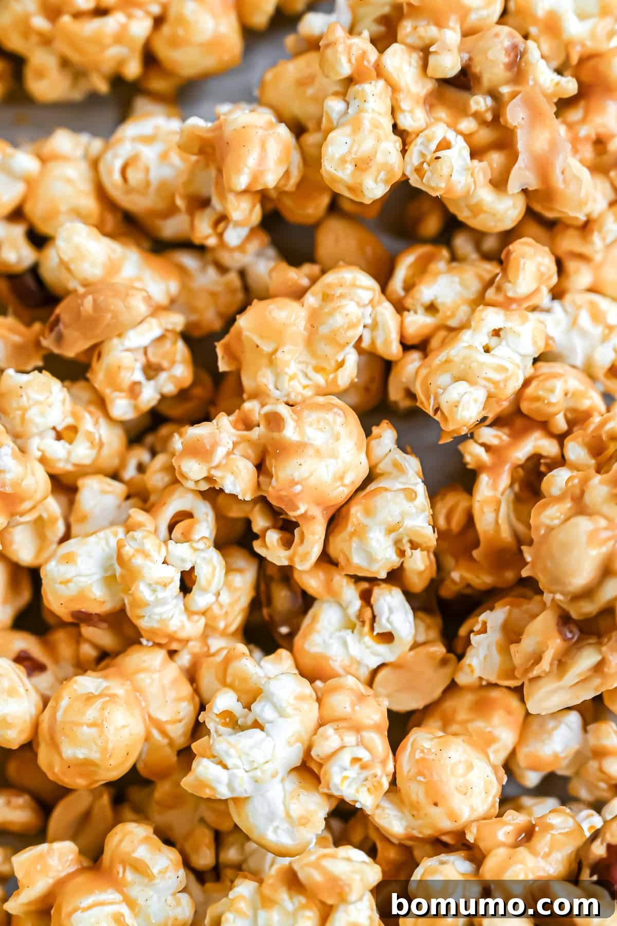 A vibrant, close-up shot of homemade peanut butter popcorn, highlighting its delightful texture and coating.