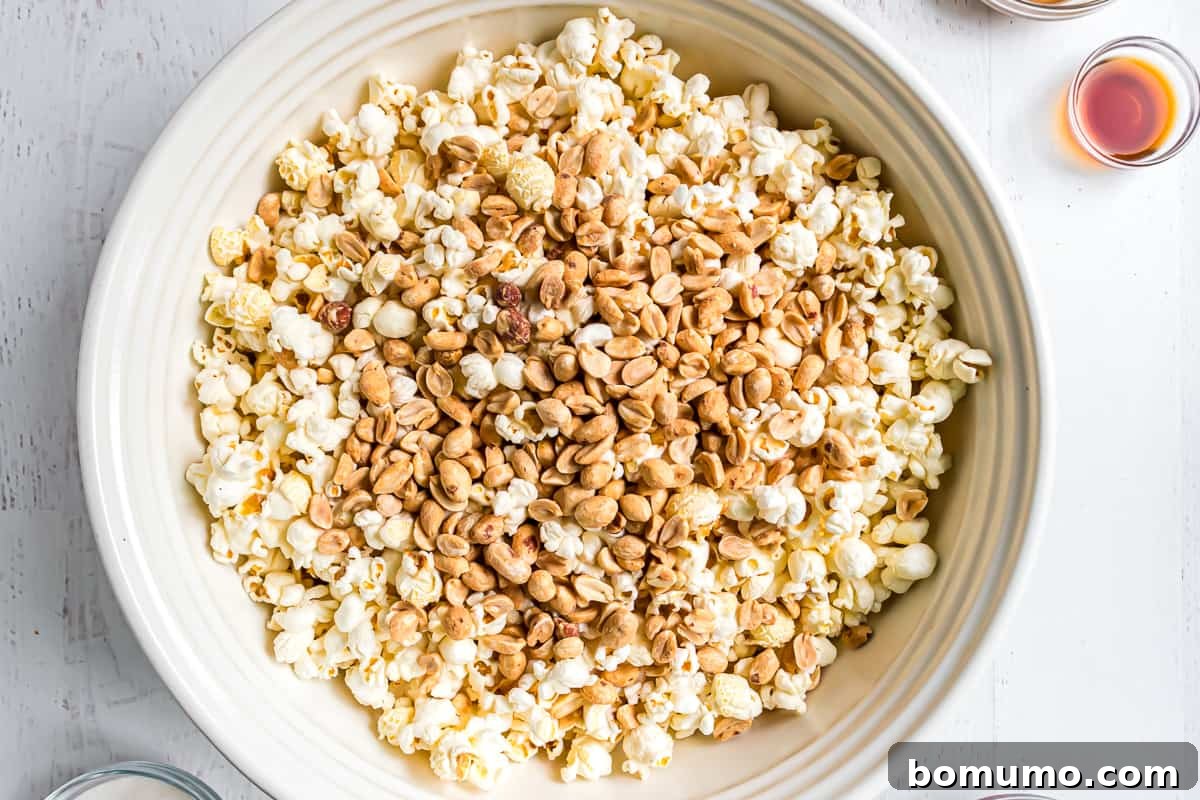 Popped popcorn and dry roasted peanuts thoroughly mixed together in a large bowl.