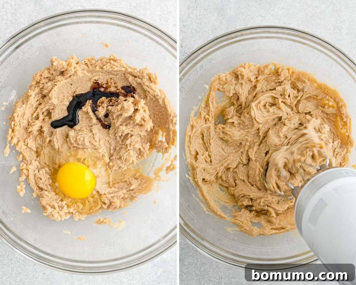 Ultimate M M Cookies 5 Before and after images showing wet cookie ingredients, demonstrating the change in texture and color after mixing.