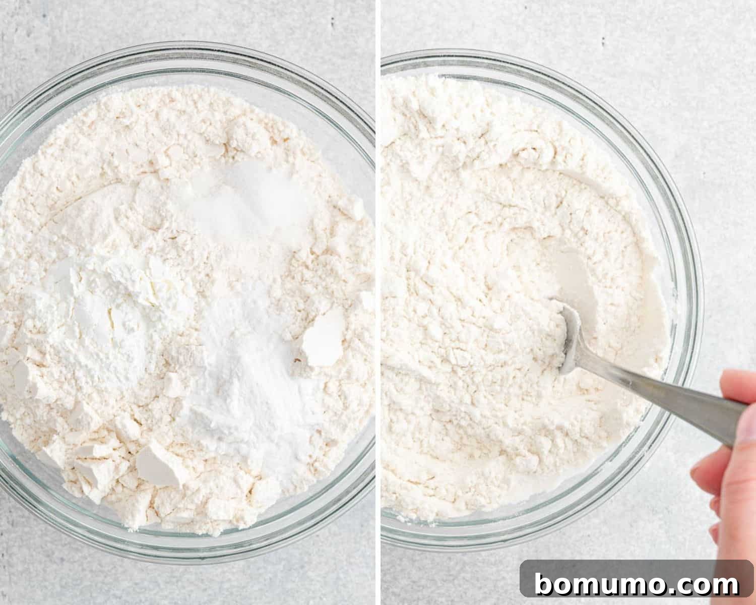 Ultimate M M Cookies 6 Before and after images of dry cookie ingredients, showing the transition from separate components to a uniform mixture.