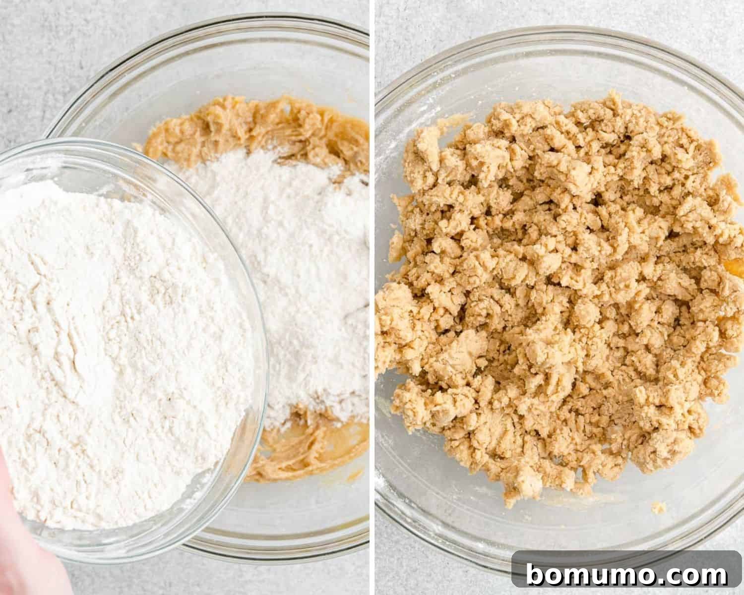 Ultimate M M Cookies 7 The process of dry ingredients being incorporated into wet ingredients to form the M&M cookie dough.