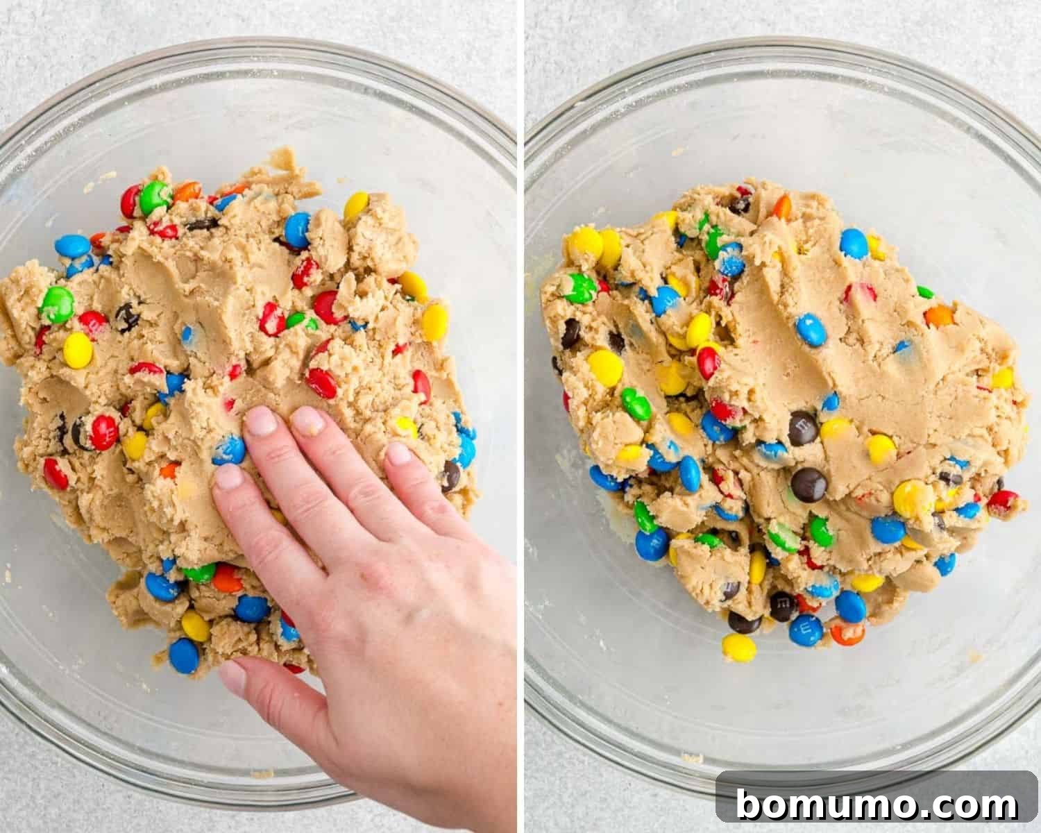 Ultimate M M Cookies 8 Colorful M&Ms being added and gently folded into the prepared cookie dough.