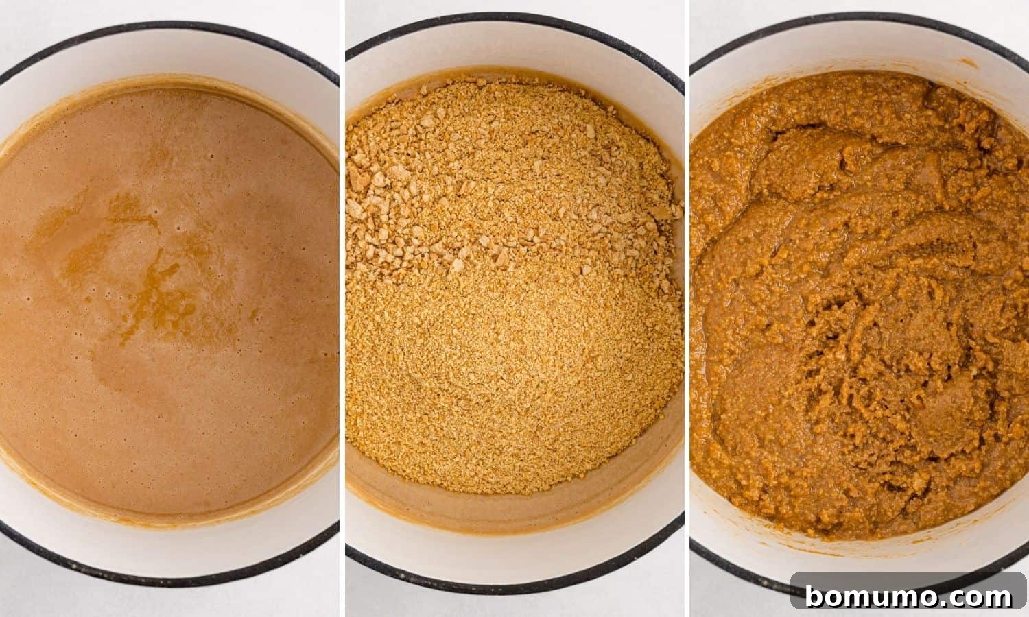 Three sequential images showing the process of mixing and preparing the peanut butter layer.